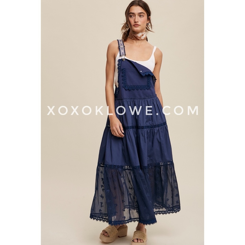 Listicle Navy Blue Lace + Embroidered Tiered Overall Dress | Trails End Skirtall - Picture 3 of 12